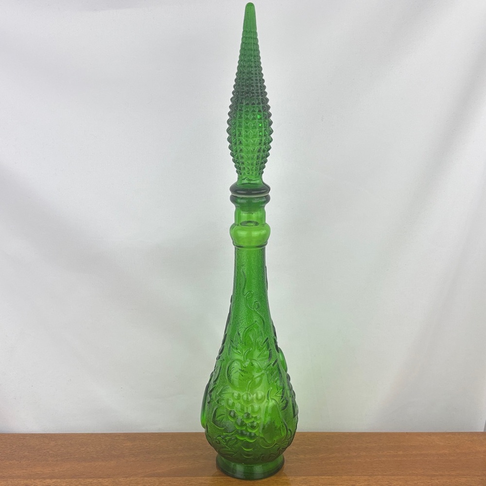 Vintage empoli green glass decanter bottle with stopper fruit pattern